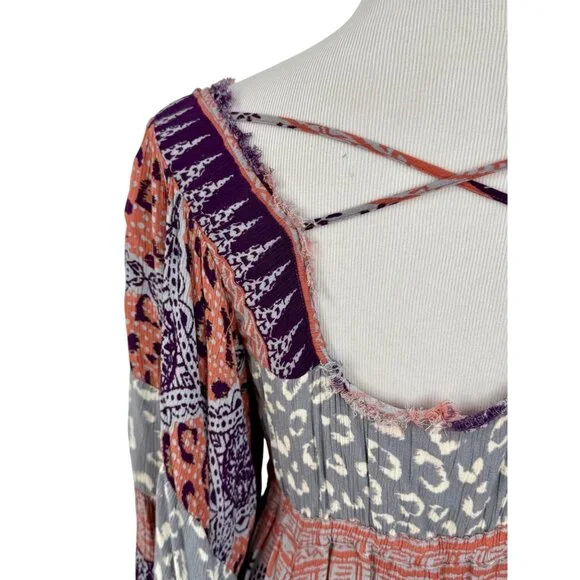 Free People Boho Flowy Printed Bell Sleeve Crisscross Back Hippie Mini Dress - Picture 12 of 14